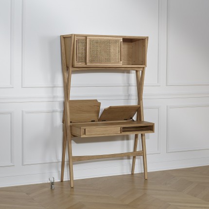 KITTY - Bureau étagère style moderne en bois et cannage, 1 caisson, 1 tiroir