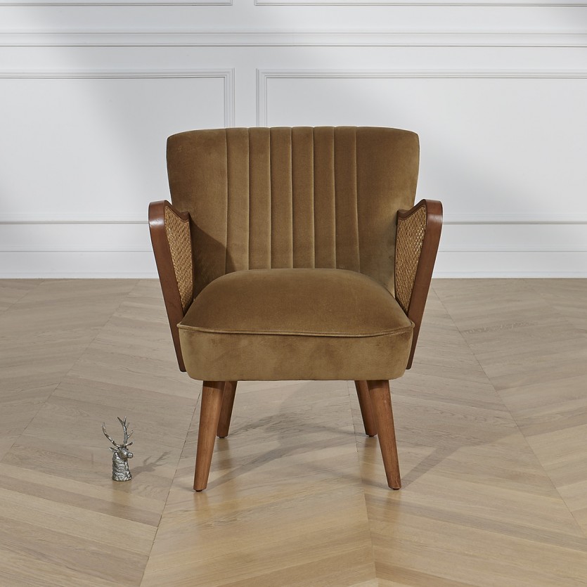 SEVENTY BRUXELLES - Fauteuil style nordique, bois massif, rotin et tissu tweed camel, 1 place