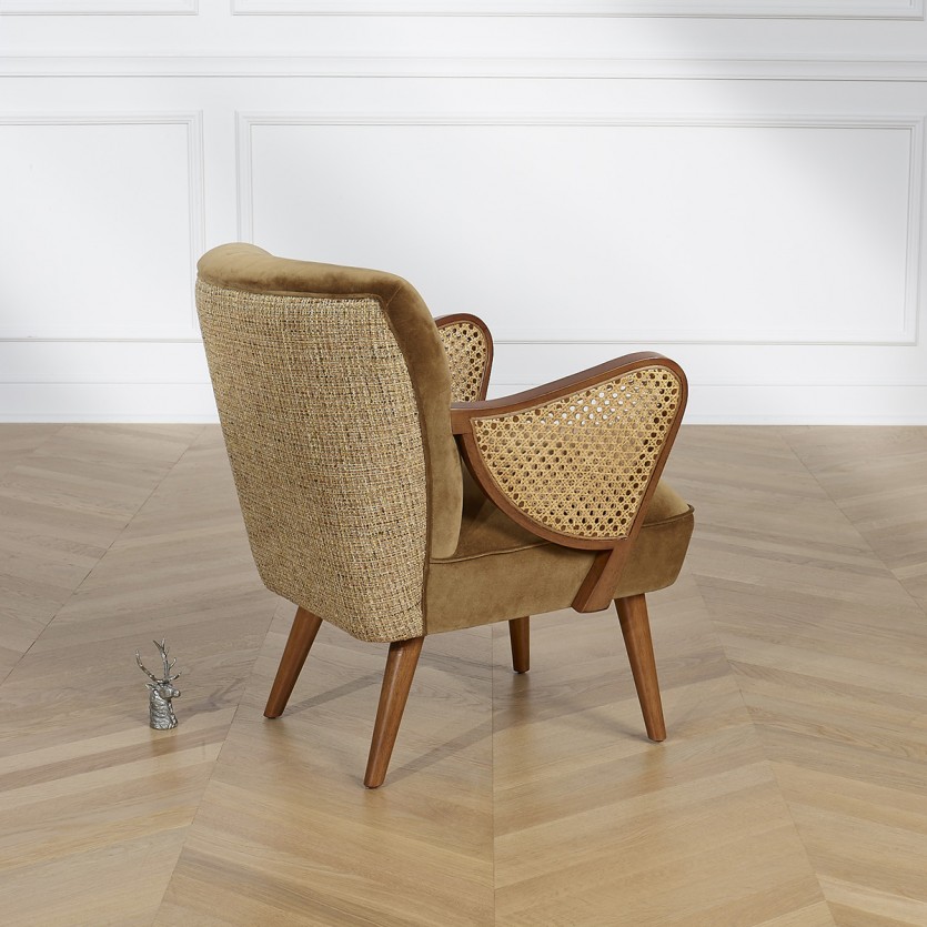 SEVENTY BRUXELLES - Fauteuil style nordique, bois massif, rotin et tissu tweed camel, 1 place