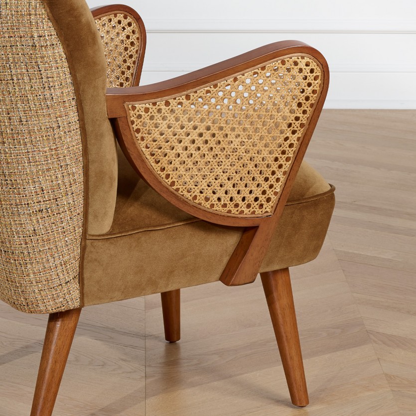 SEVENTY BRUXELLES - Fauteuil style nordique, bois massif, rotin et tissu tweed camel, 1 place