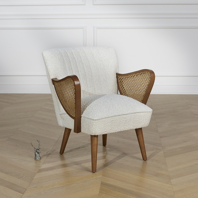 SEVENTY - Poltrona de estilo nórdico em madeira e tecido bouclé branco, 1 lugar
