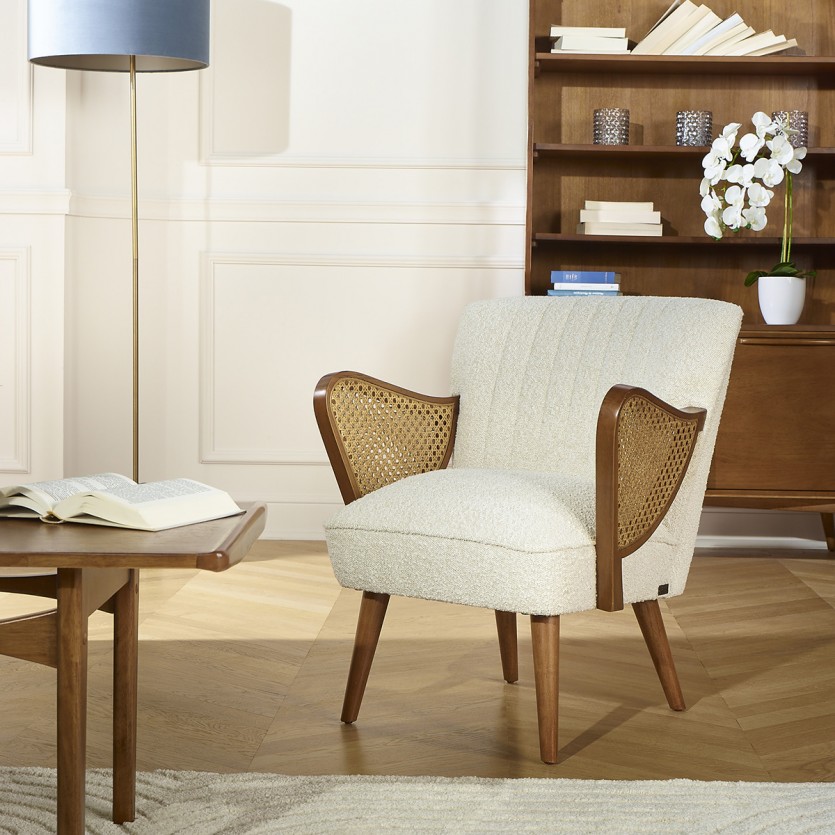 SEVENTY Armchair - Nordic style in wood and white boucle fabric, 1-seater
