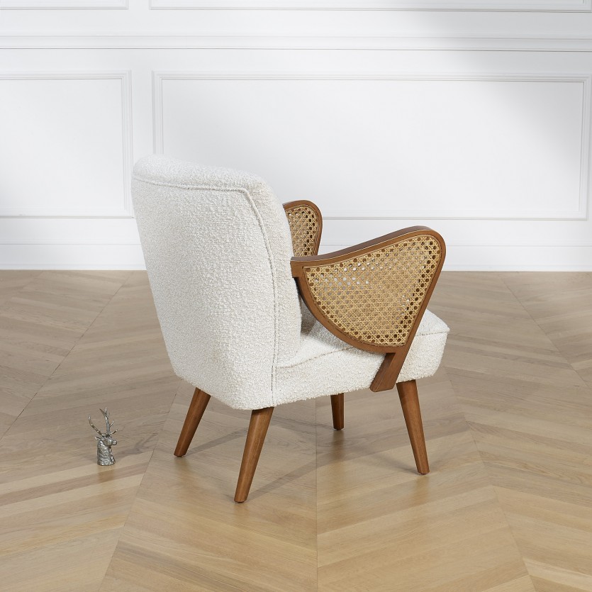Sillón SEVENTY - Estilo nórdico de madera y tela bouclé blanca, 1 plaza