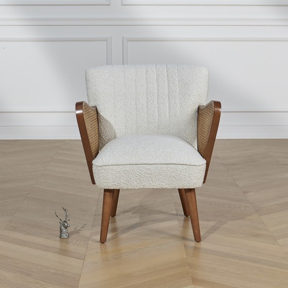 SEVENTY - Poltrona de estilo nórdico em madeira e tecido bouclé branco, 1 lugar