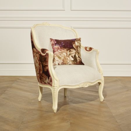 fauteuil bergère Robin des Bois avec tissu lin et tissu à fleurs - tissu Allan Poe
