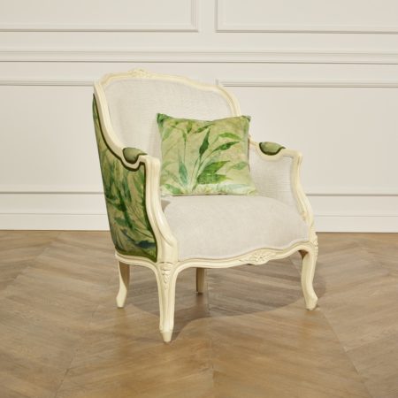 fauteuil bergère Robin des Bois avec tissu lin et tissu à fleurs - tissu Jade