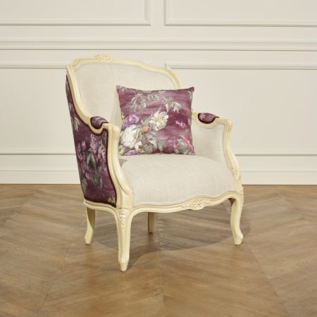 fauteuil bergère Robin des Bois avec tissu lin et tissu à fleurs - tissu  Rome
