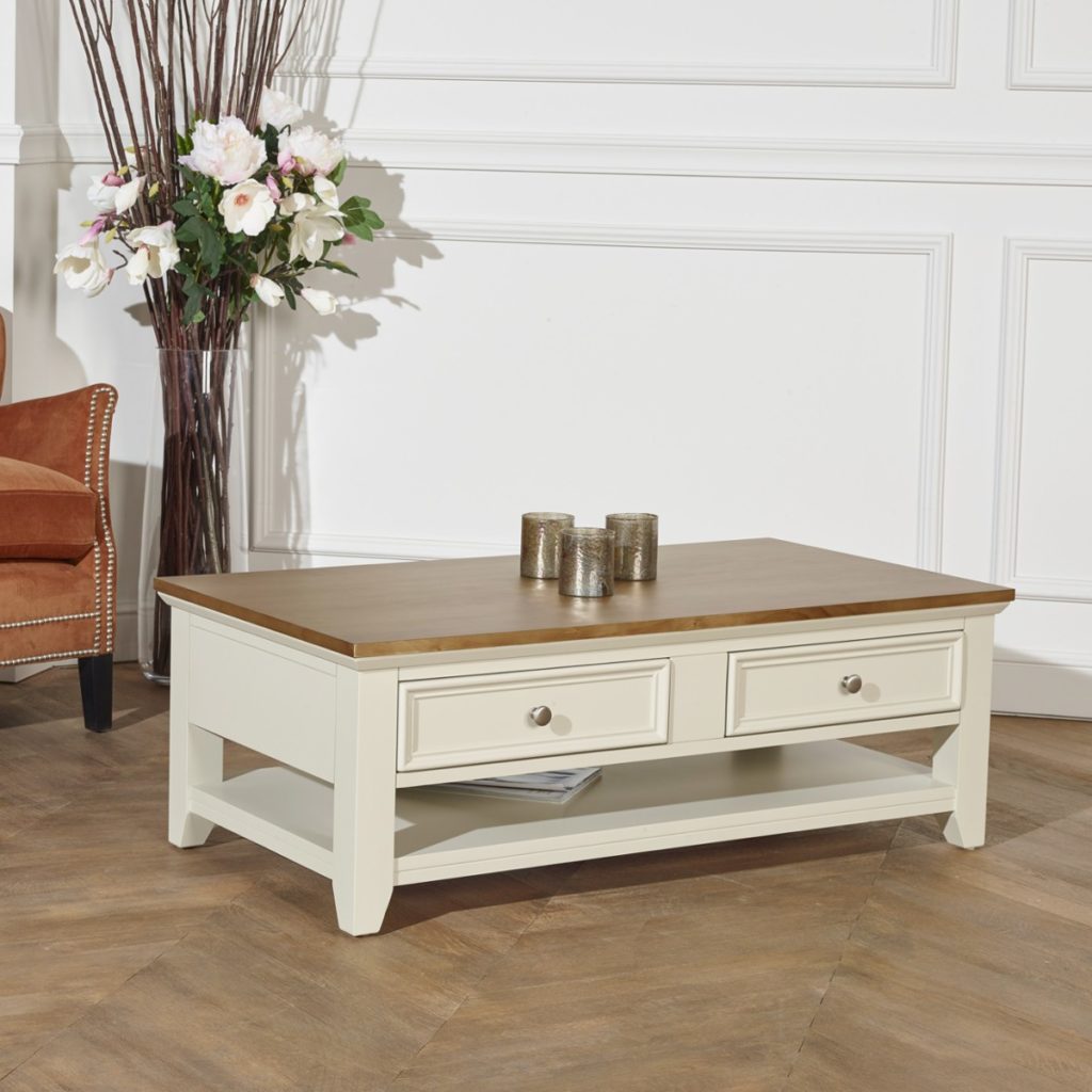 table basse avec rangements double plateau tiroirs