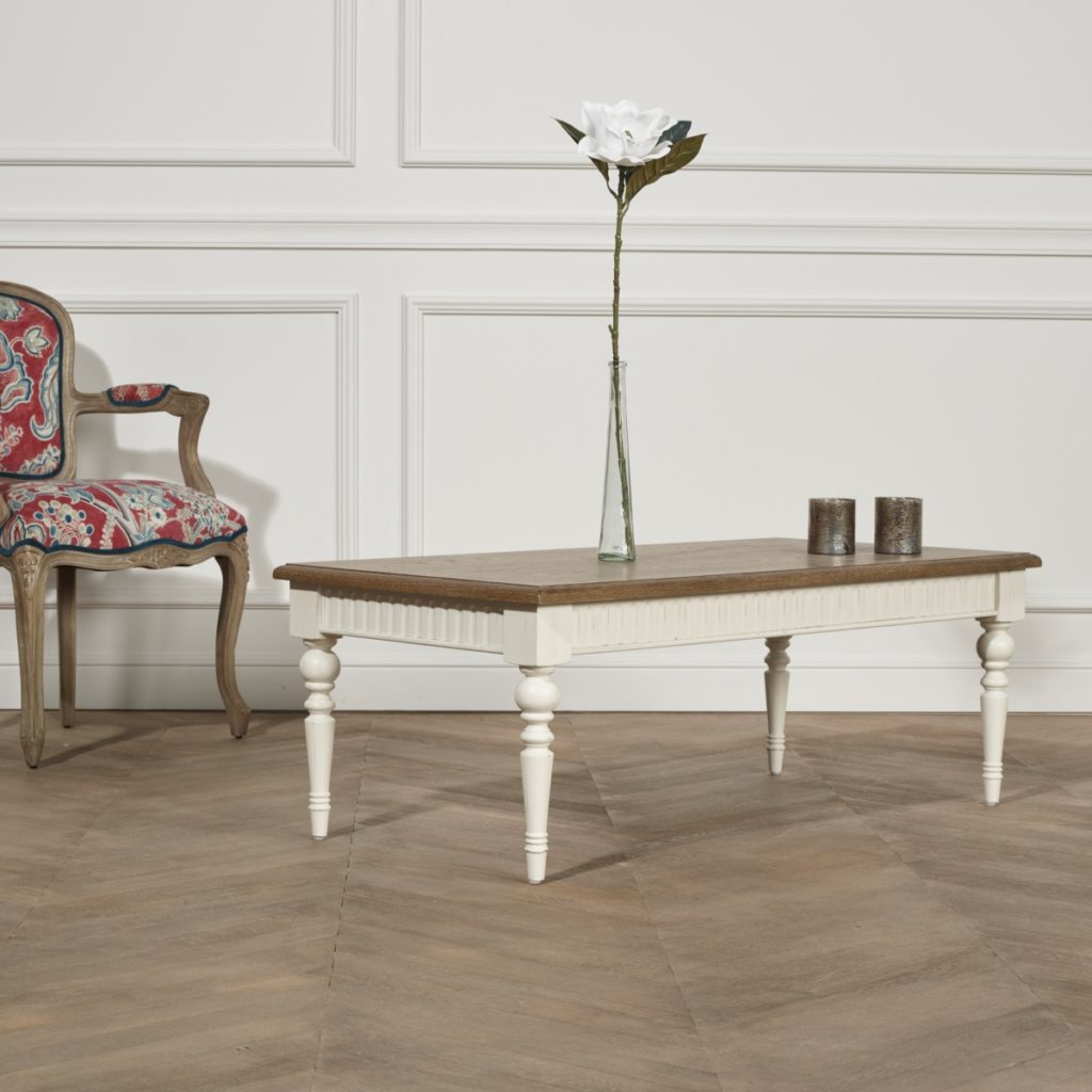 table basse bois tourné pieds blanc plateau chêne
