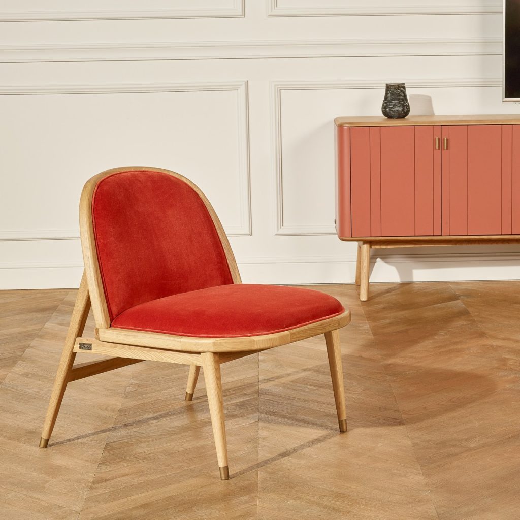 fauteuil lounge retro chene et velours