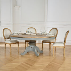 Table repas extensible style shabby chic, patine gris souris, 6 à 8 personnes