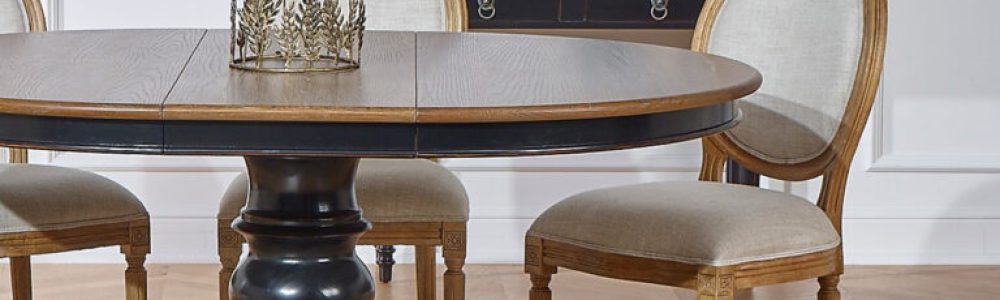 Table ARIANE ronde de repas avec rallonge style shabby chic, plateau chêne, 4 à 6 personnes